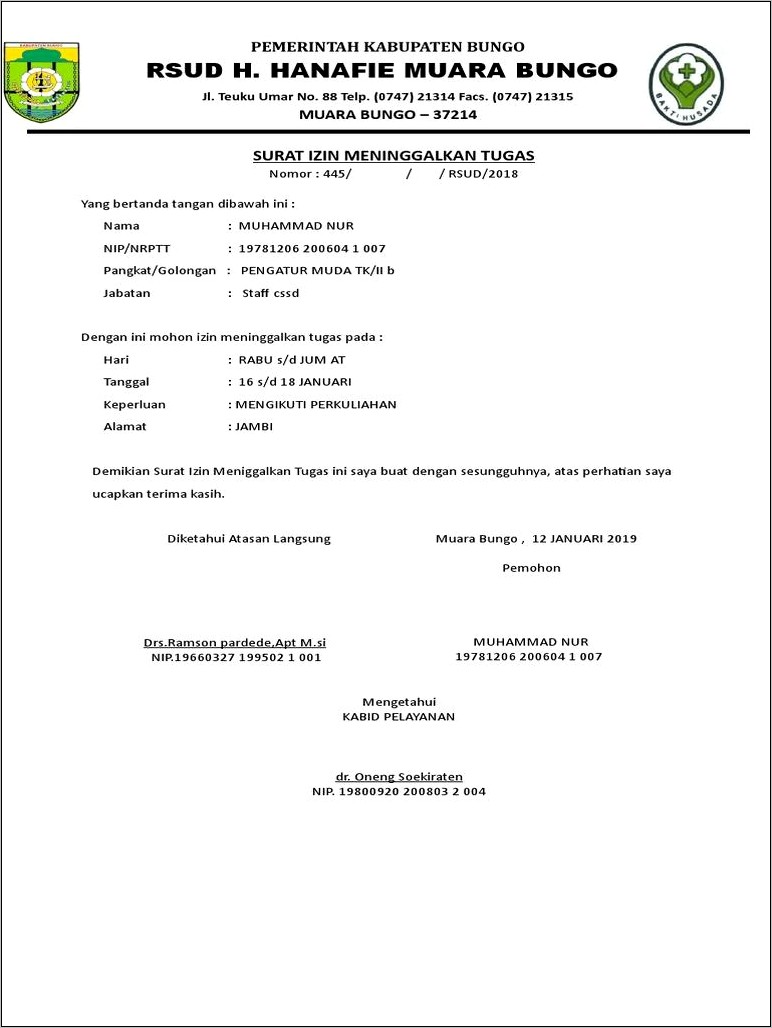 Contoh Surat Izin Meninggalkan Tempat Tugas