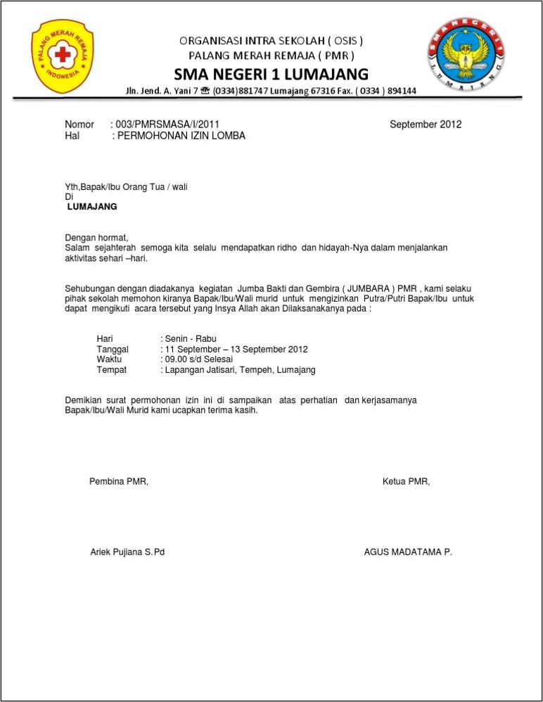 Contoh Surat Izin Orang Tua Untuk Osis