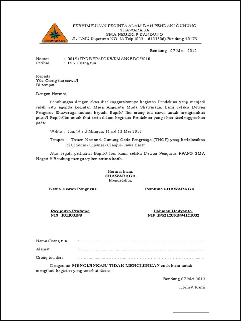 Contoh Surat Izin Orangtua Untuk Kegiatan Mapala