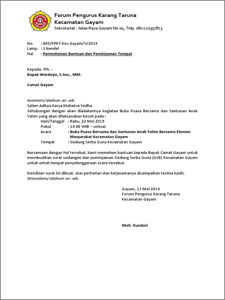 Contoh Surat Izin Peminjaman Tempat Buka Bersama