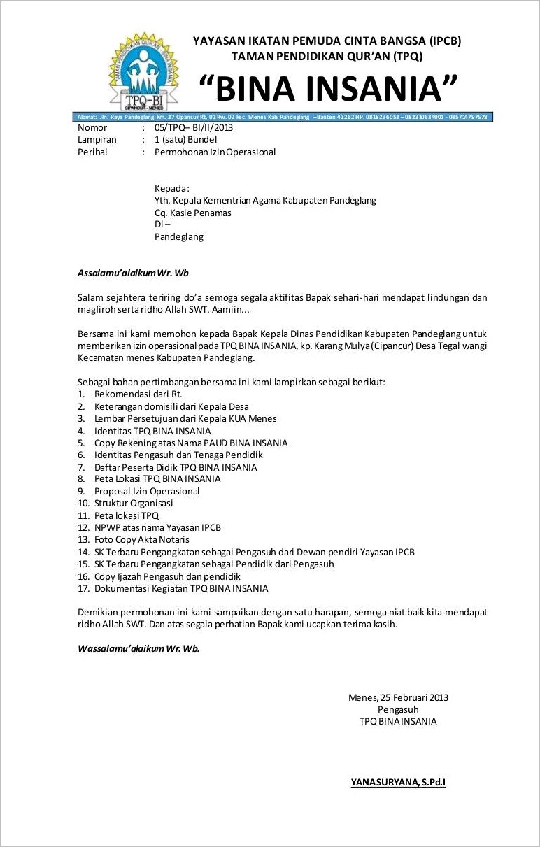 Contoh Surat Izin Pendirian Sekolah Paud