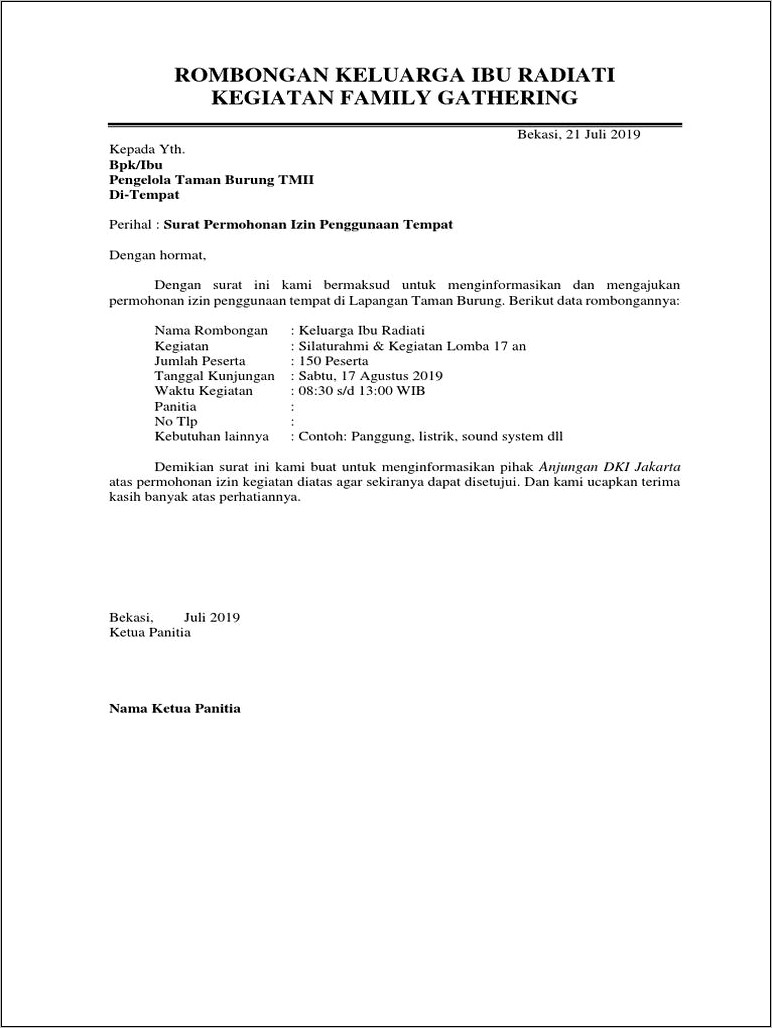 Contoh Surat Izin Penggunaan Fasilitas