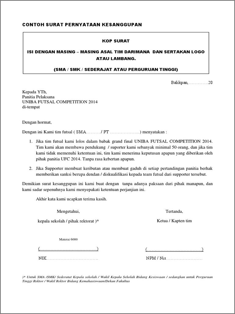 Contoh Surat Izin Tempat Turnamen Futsal