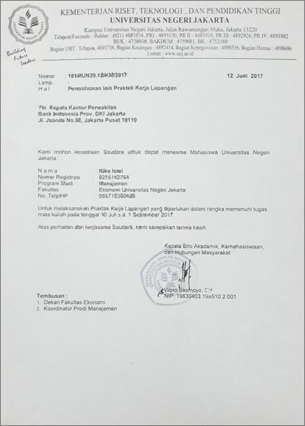 Contoh Surat Izin Tidak Masuk Pkl Di Bank