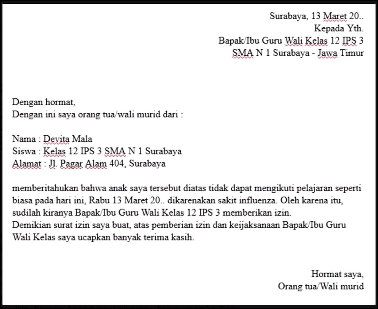 Contoh Surat Izin Tidak Masuk Pkl Smk