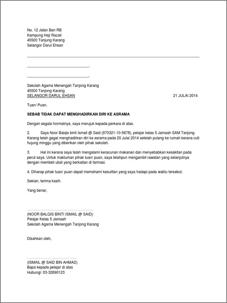 Contoh Surat Izin Tidak Masuk Sekolah Karena Sakit Perut