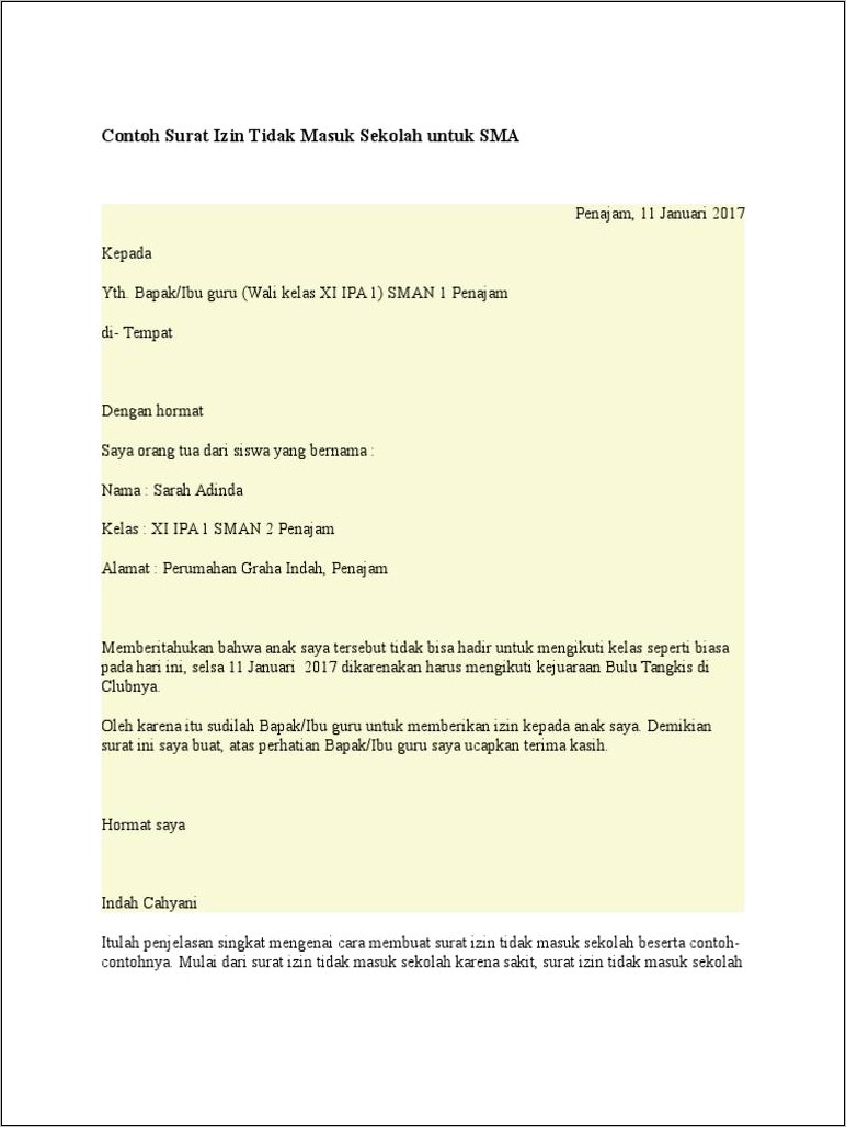 Contoh Surat Izin Tidak Sekolah Sma