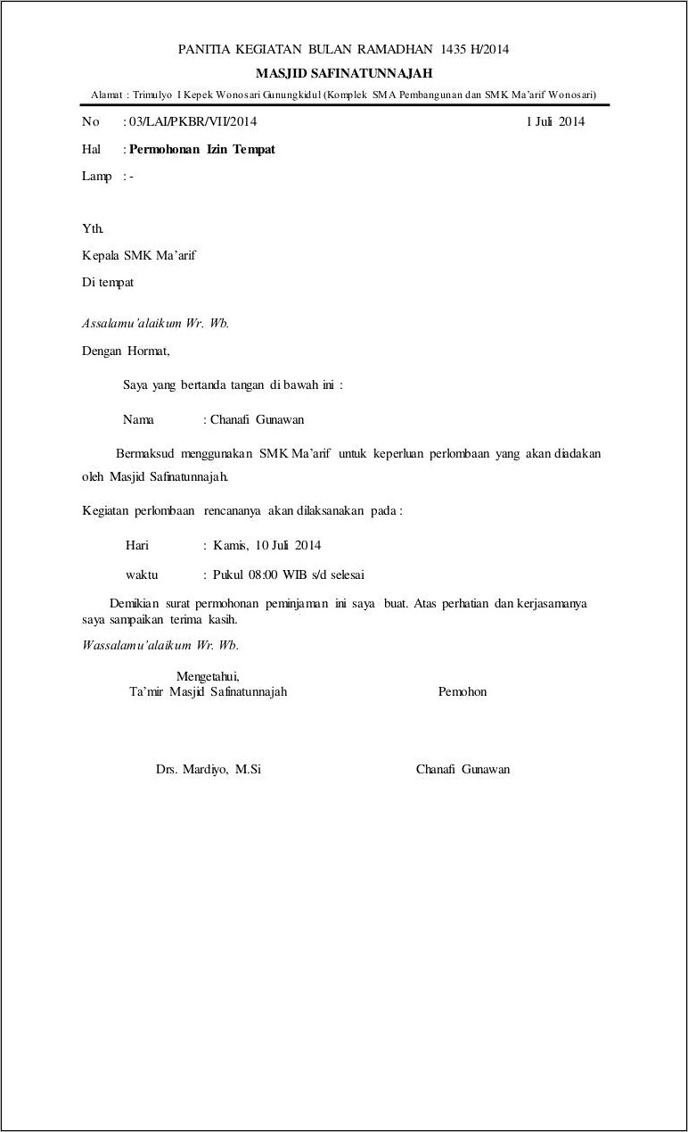 Contoh Surat Pemberian Izin Peminjaman Tempat
