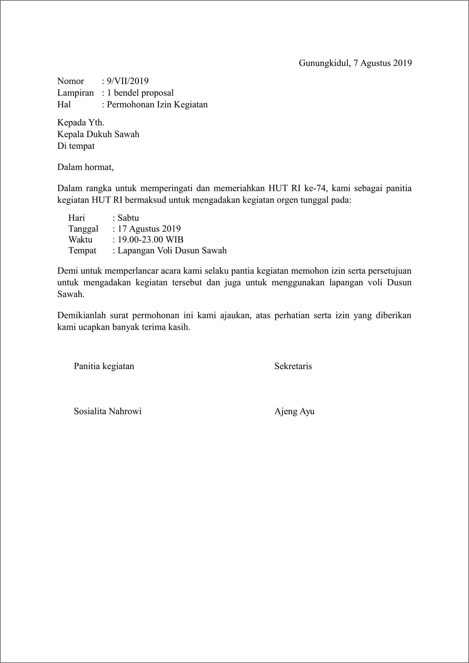Contoh Surat Pemohonan Izin Badget
