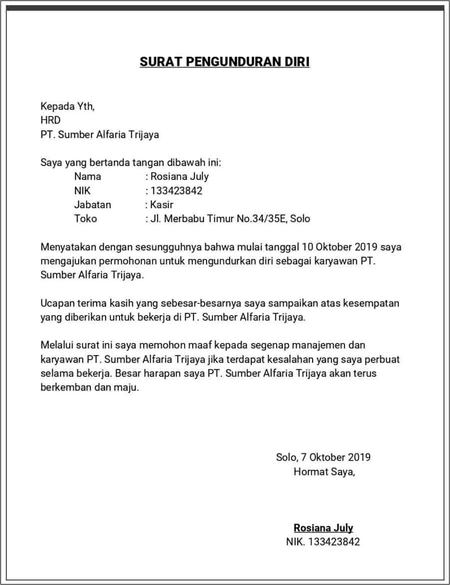 Contoh Surat Pengundiuran Diri Perusahaan