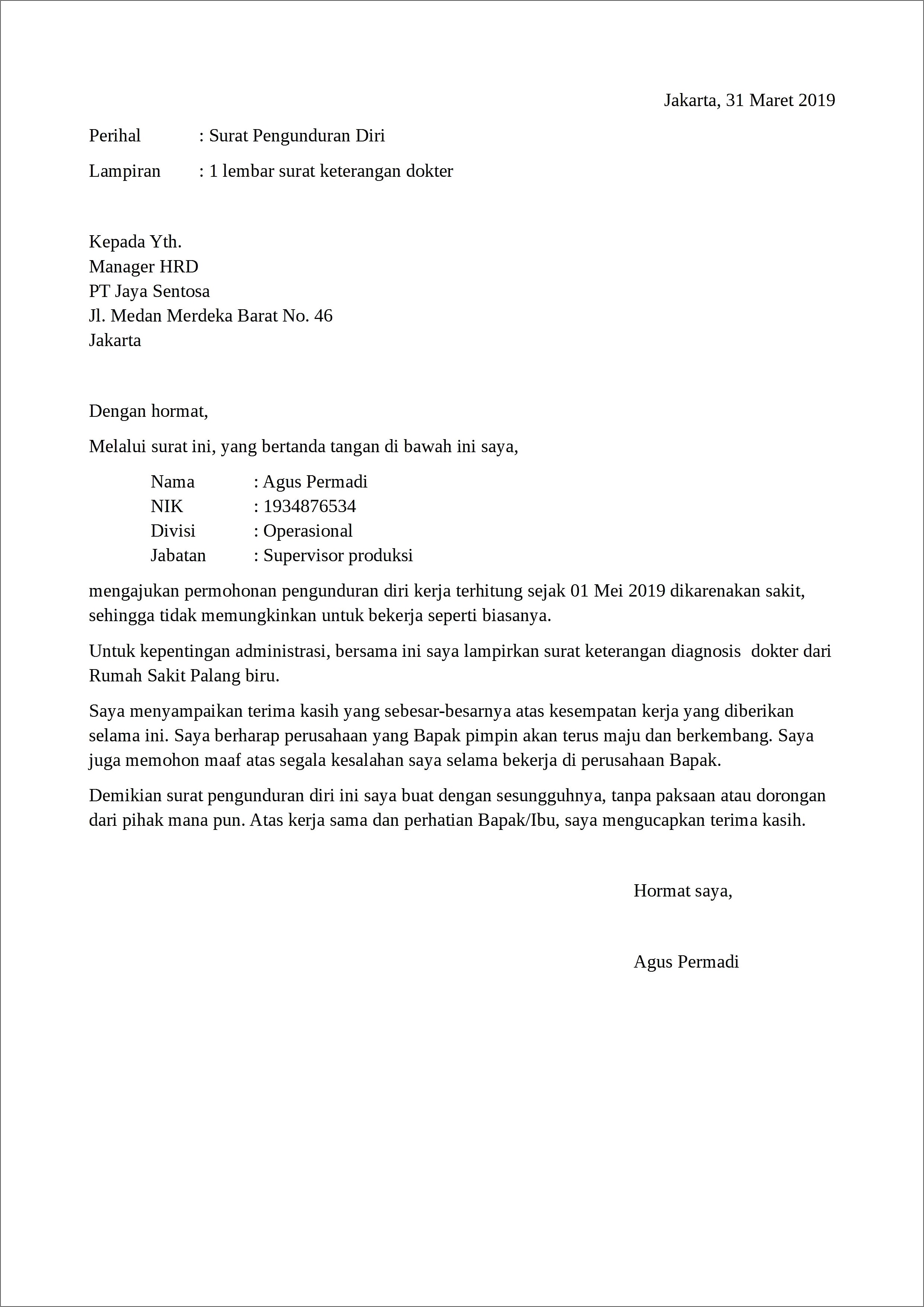 Contoh Surat Pengunduran Diri Dari Perusahaan Pabrik