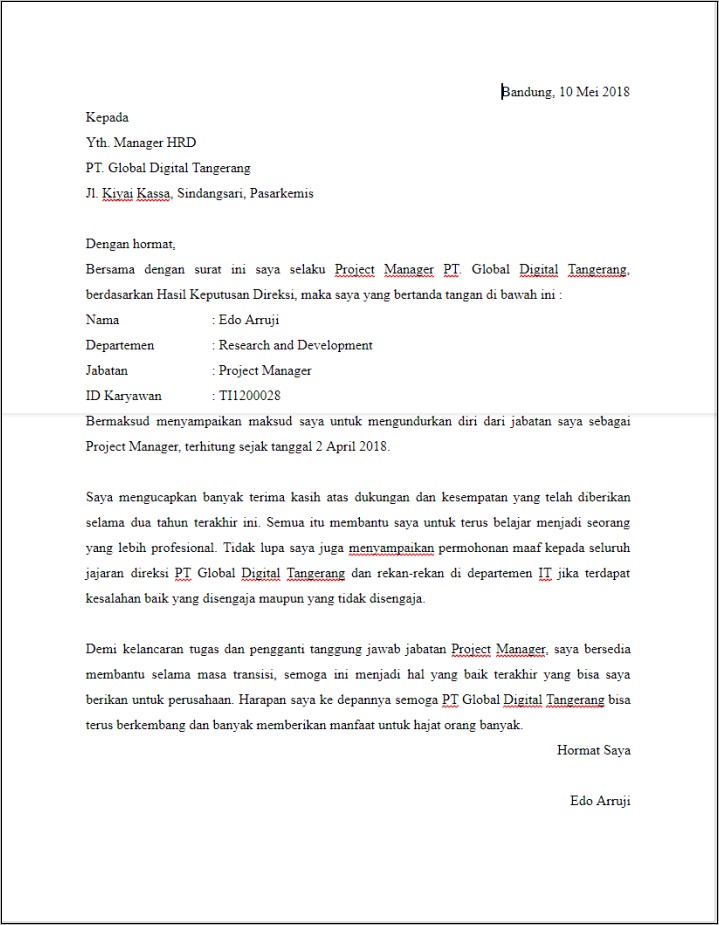 Contoh Surat Pengunduran Diri Dari Perusahaan Tulis Tangan