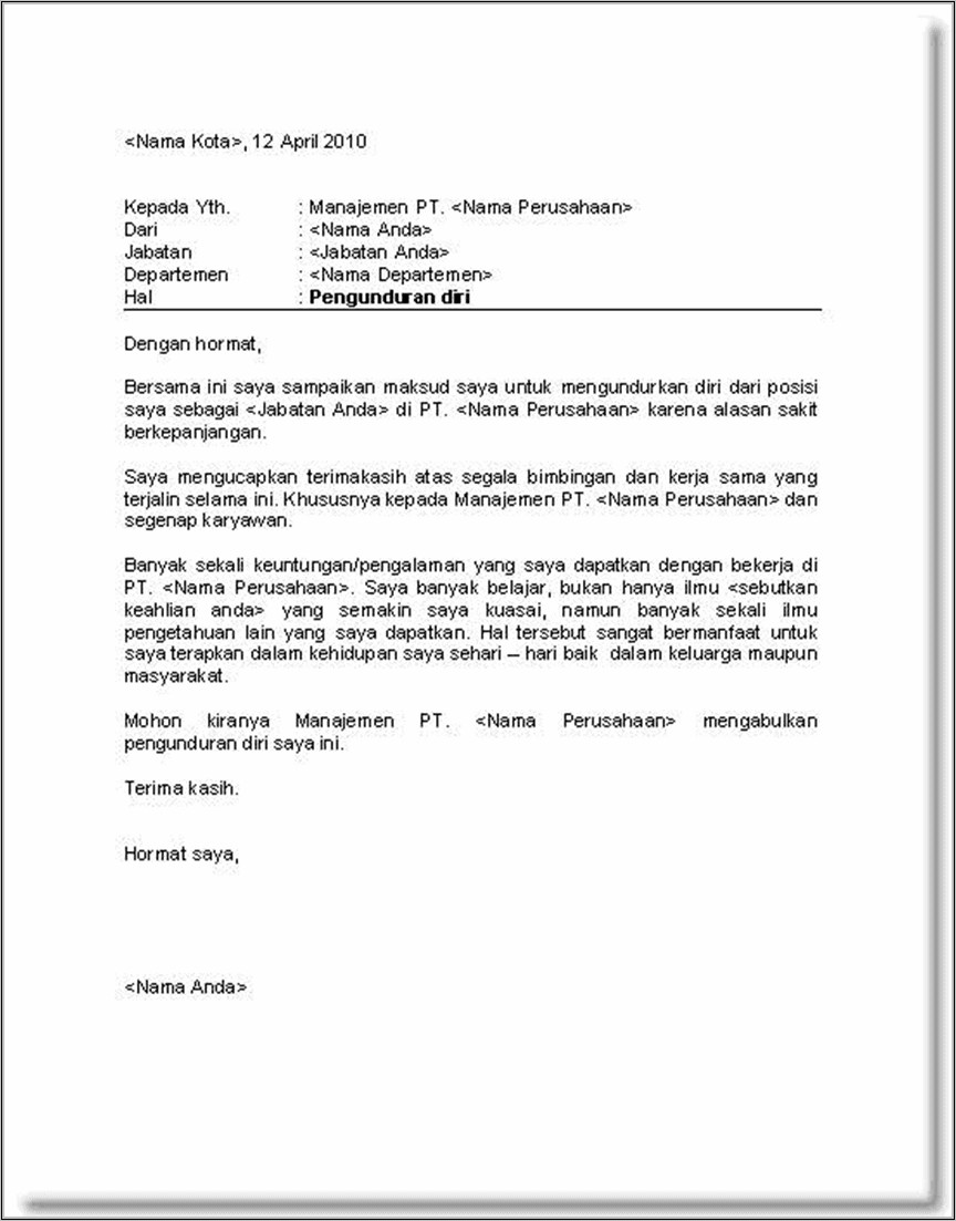 Contoh Surat Pengunduran Diri Sales Dari Perusahaan
