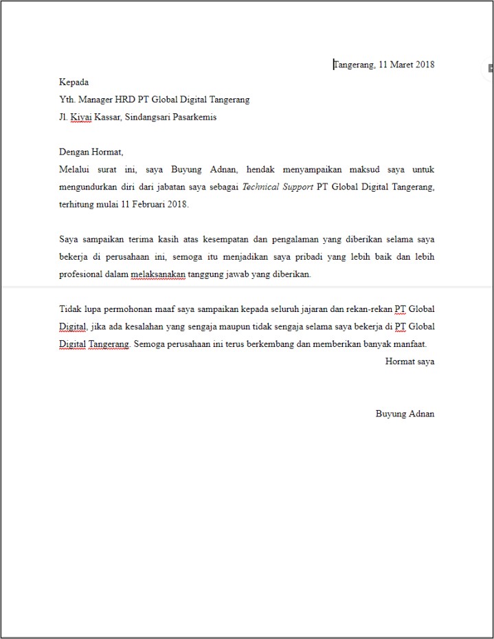 Contoh Surat Pengunduran Izin Perusahaan