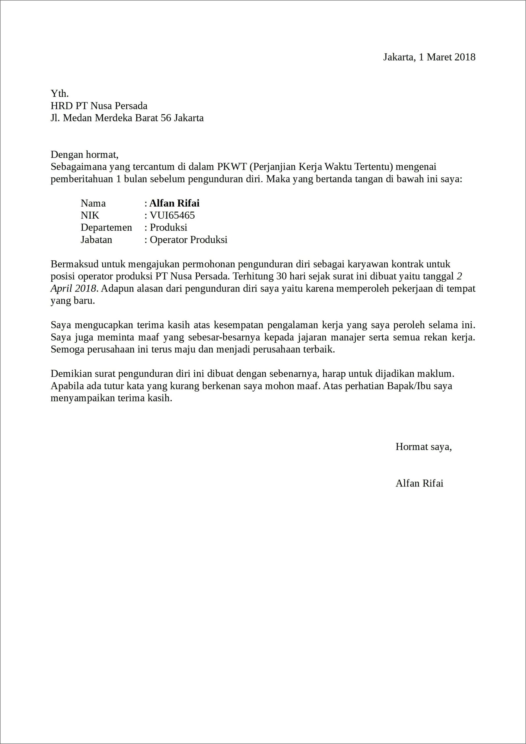 Contoh Surat Pengunduran Perusahaan Doc