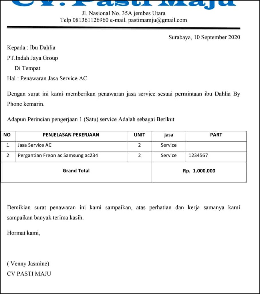 Contoh Surat Penjualan Barang Dalam Perusahaan
