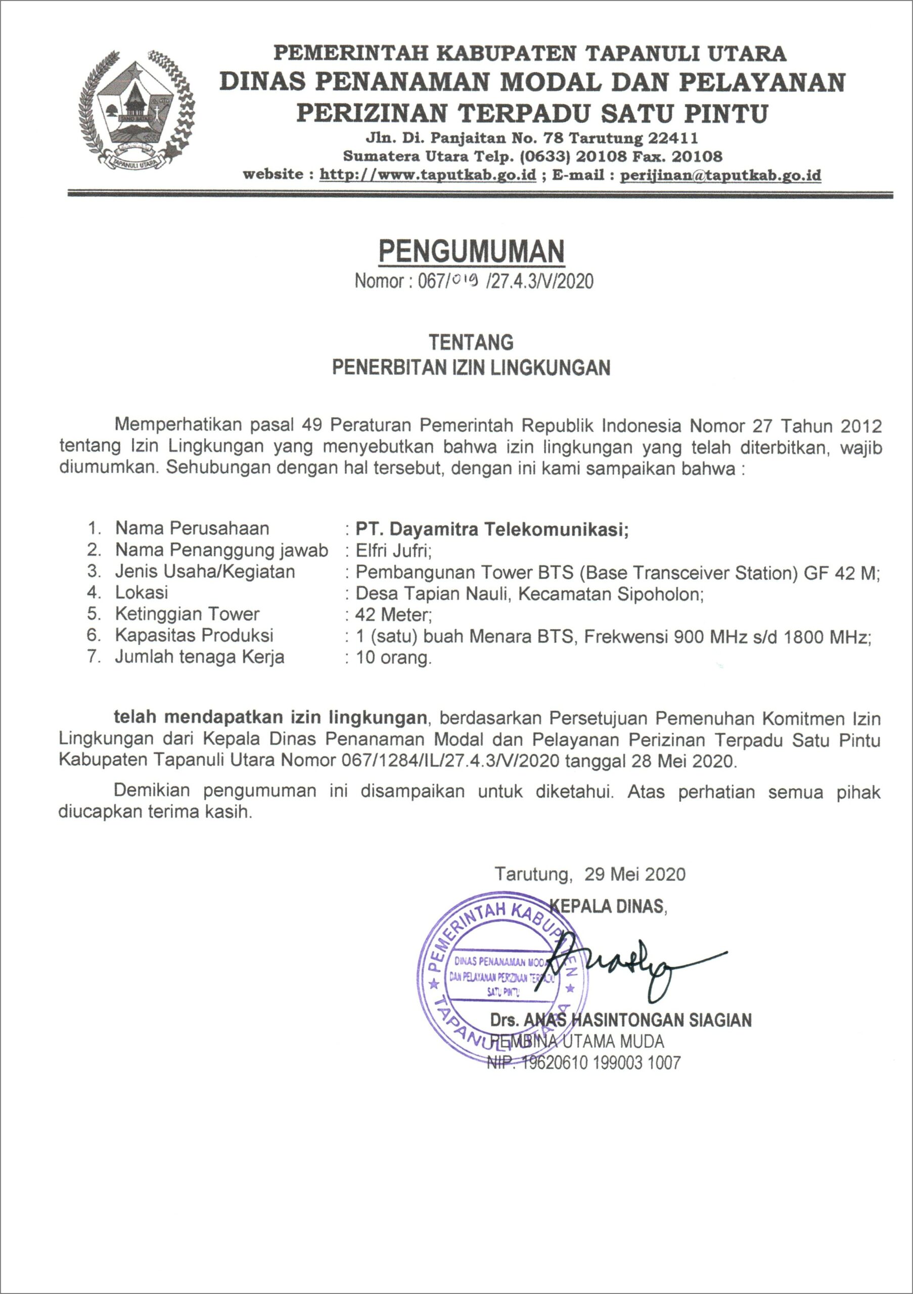Contoh Surat Penolakan Perizinan Mendirikan Menara Telekomunikasi