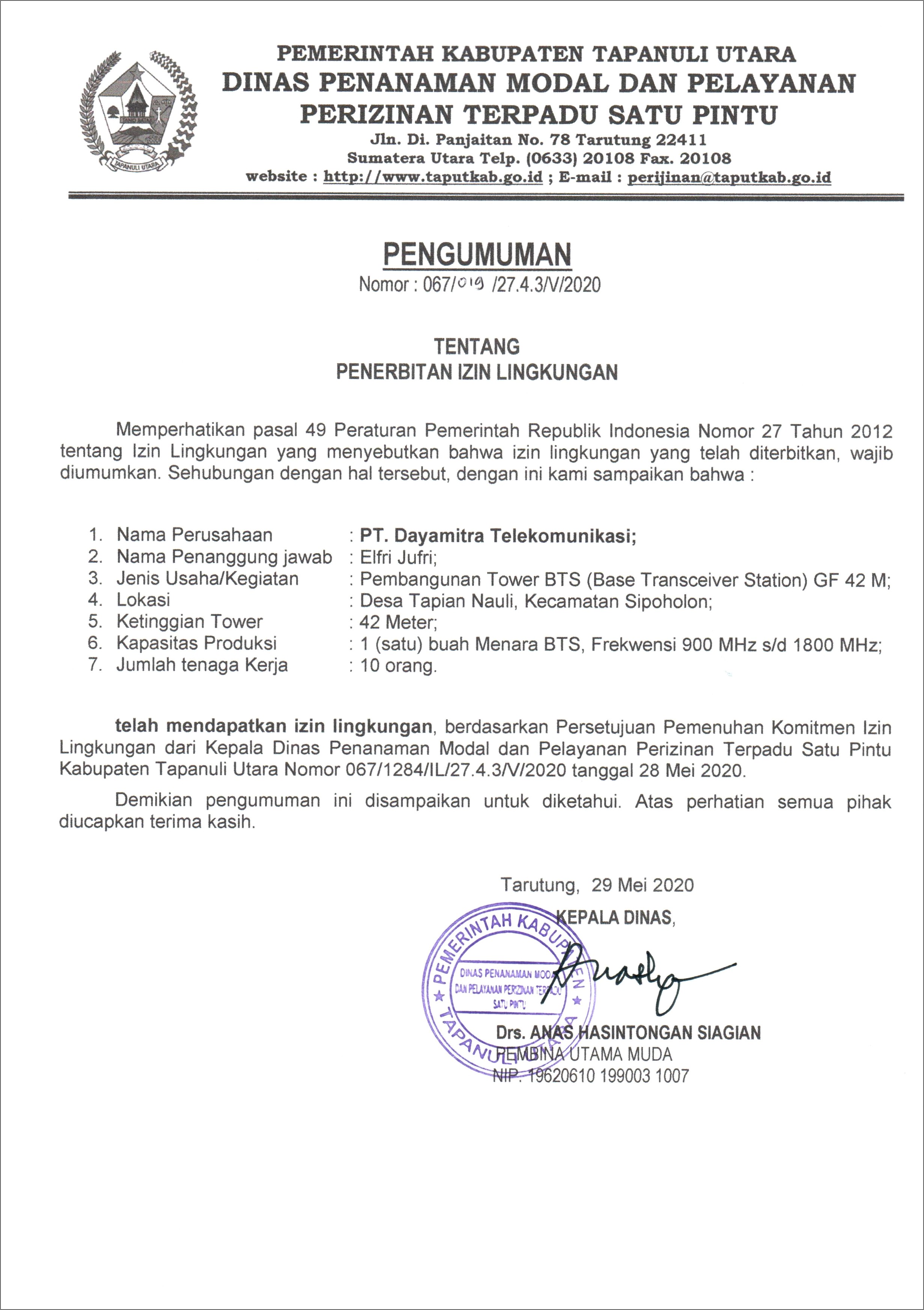 Contoh Surat Penolakan Perizinan Mendirikan Menara Telekomunikasi