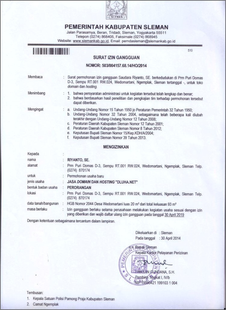 Contoh Surat Perizinan Bisnis
