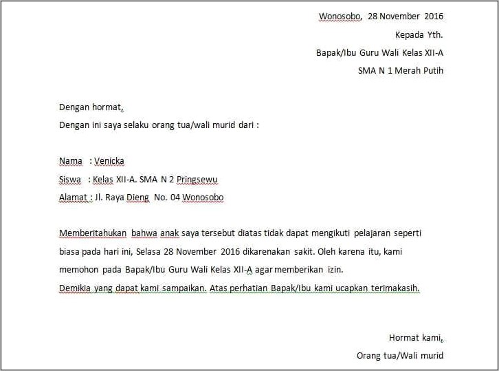 Contoh Surat Perizinan Sakit Sekolah
