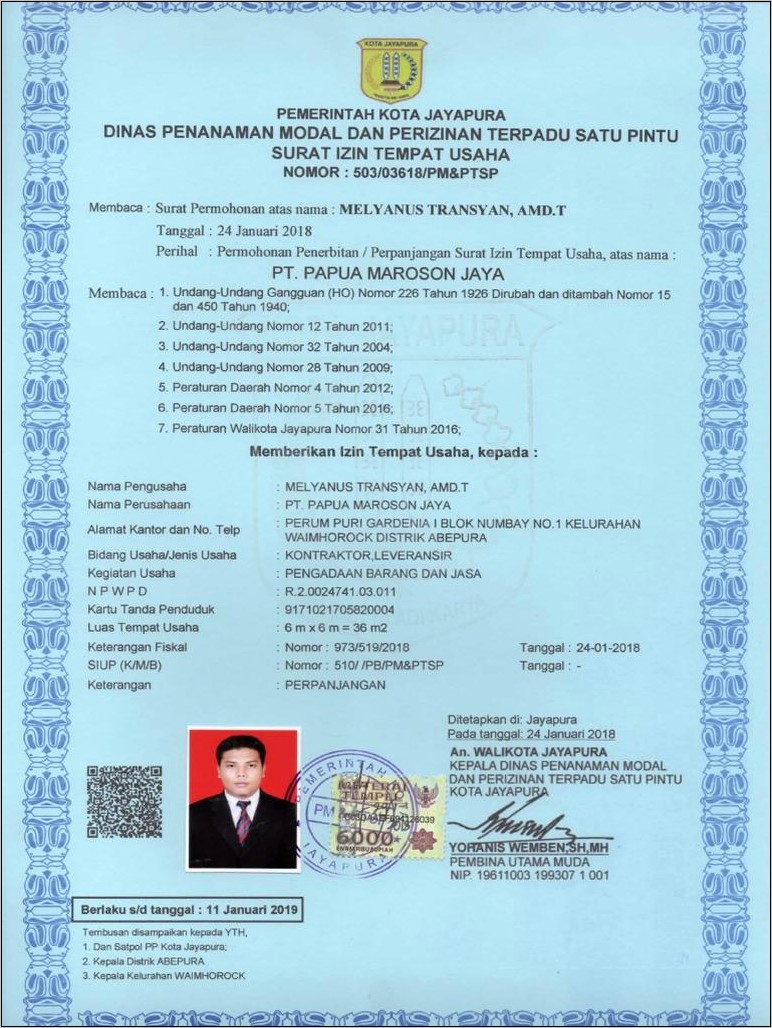 Contoh Surat Perizinan Usaha Dikota Jayapura
