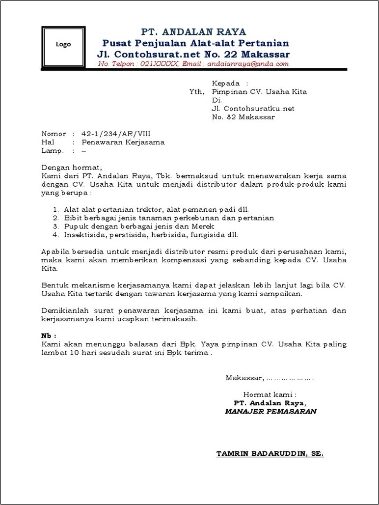 Contoh Surat Perkenalan Perusahaan Distibutor Aluminium