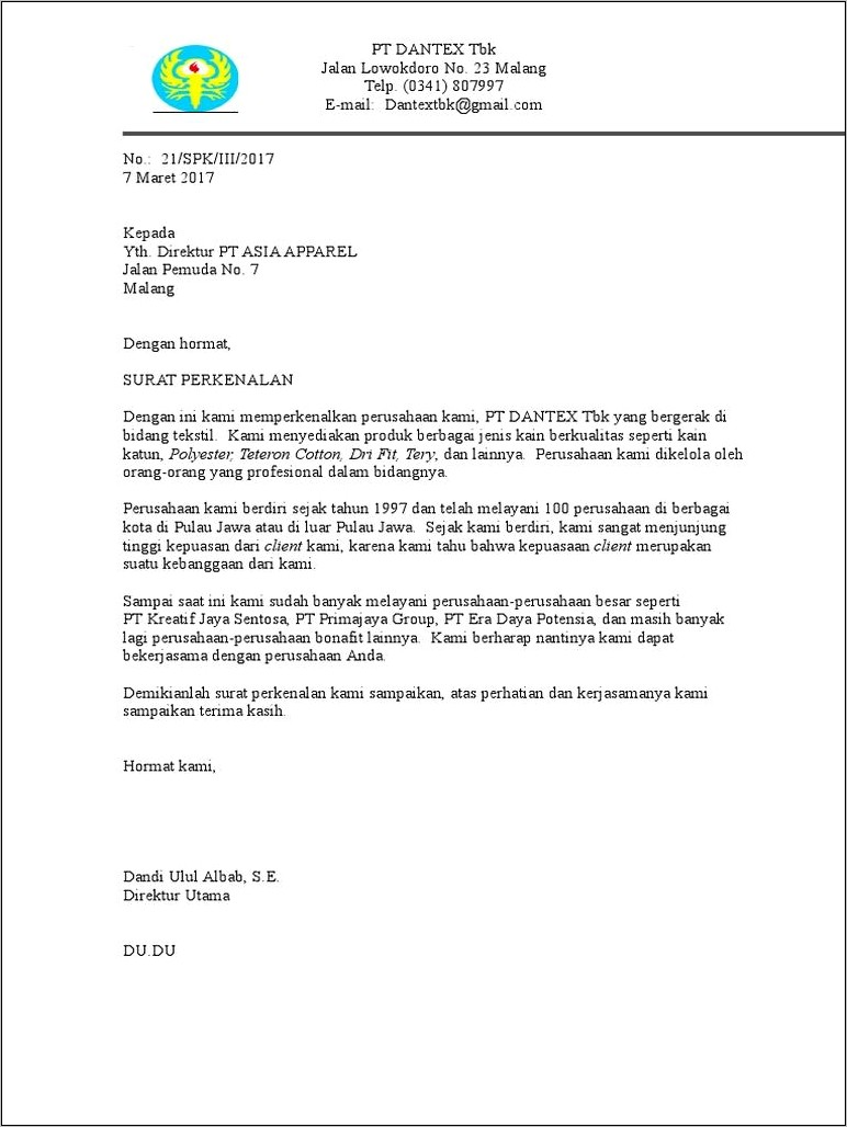 Contoh Surat Perkwnalan Perusahaan
