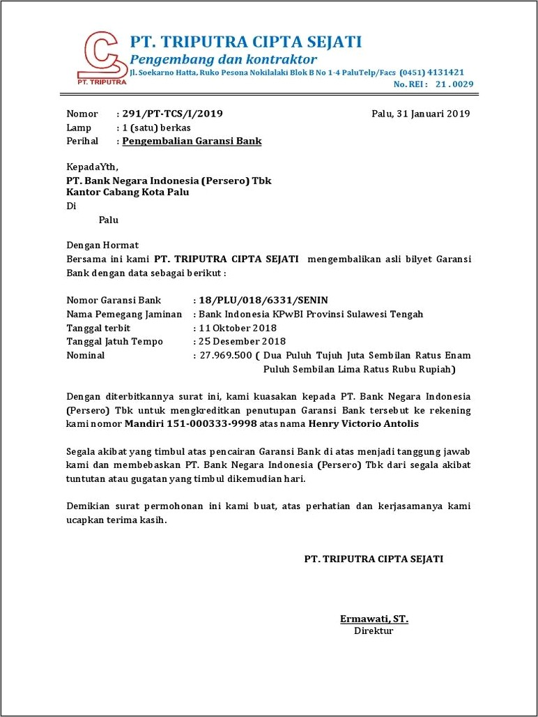 Contoh Surat Permohonan Pengembalian Jaminan Bank Garansi Tanpa Bilyet