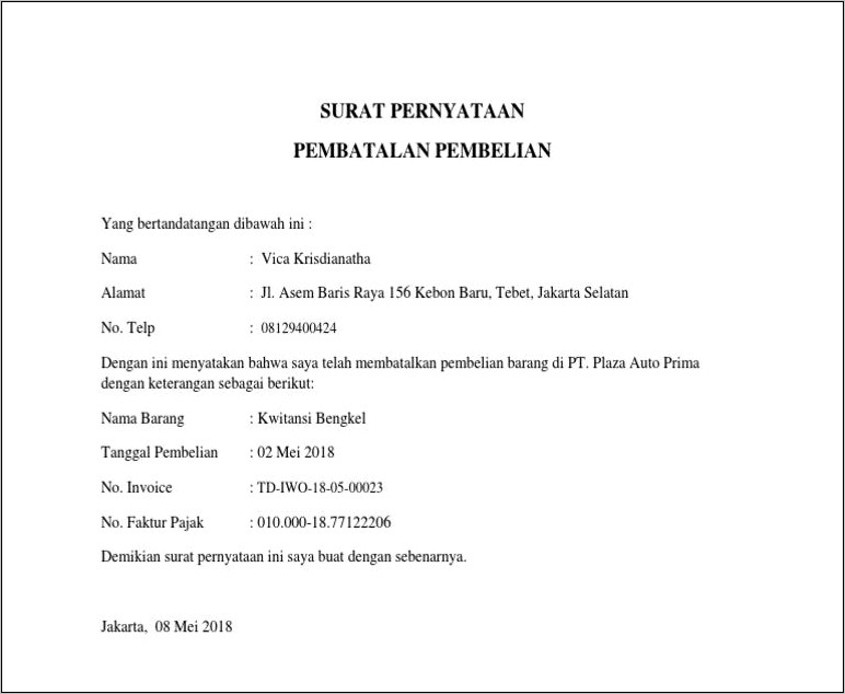 Contoh Surat Permohonan Pengembalian Uang Muka Apartemen