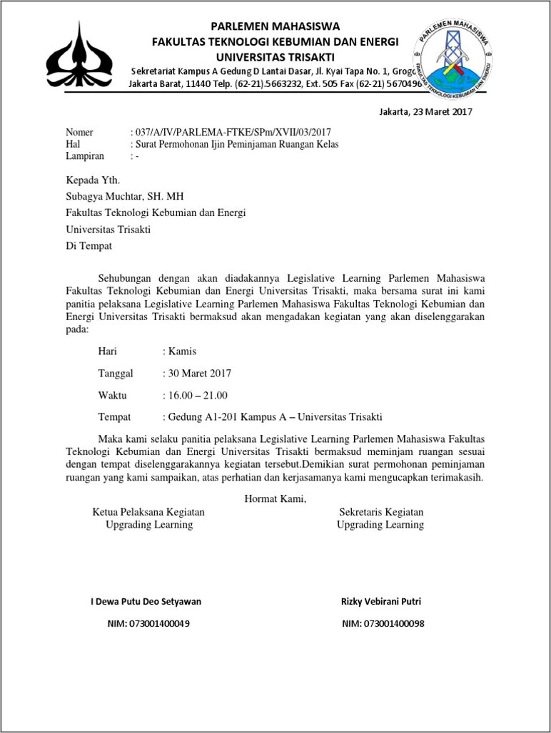 Contoh Surat Permohonan Penggunaan Ruangan Kantor