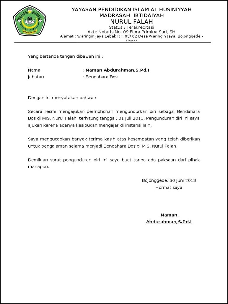 Contoh Surat Permohonan Pengunduran Diri Dari Jabatan Kepala Madrasah
