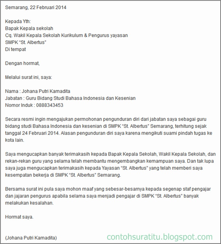 Contoh Surat Permohonan Pengunduran Diri Dari Jabatan Kepala Sekolah