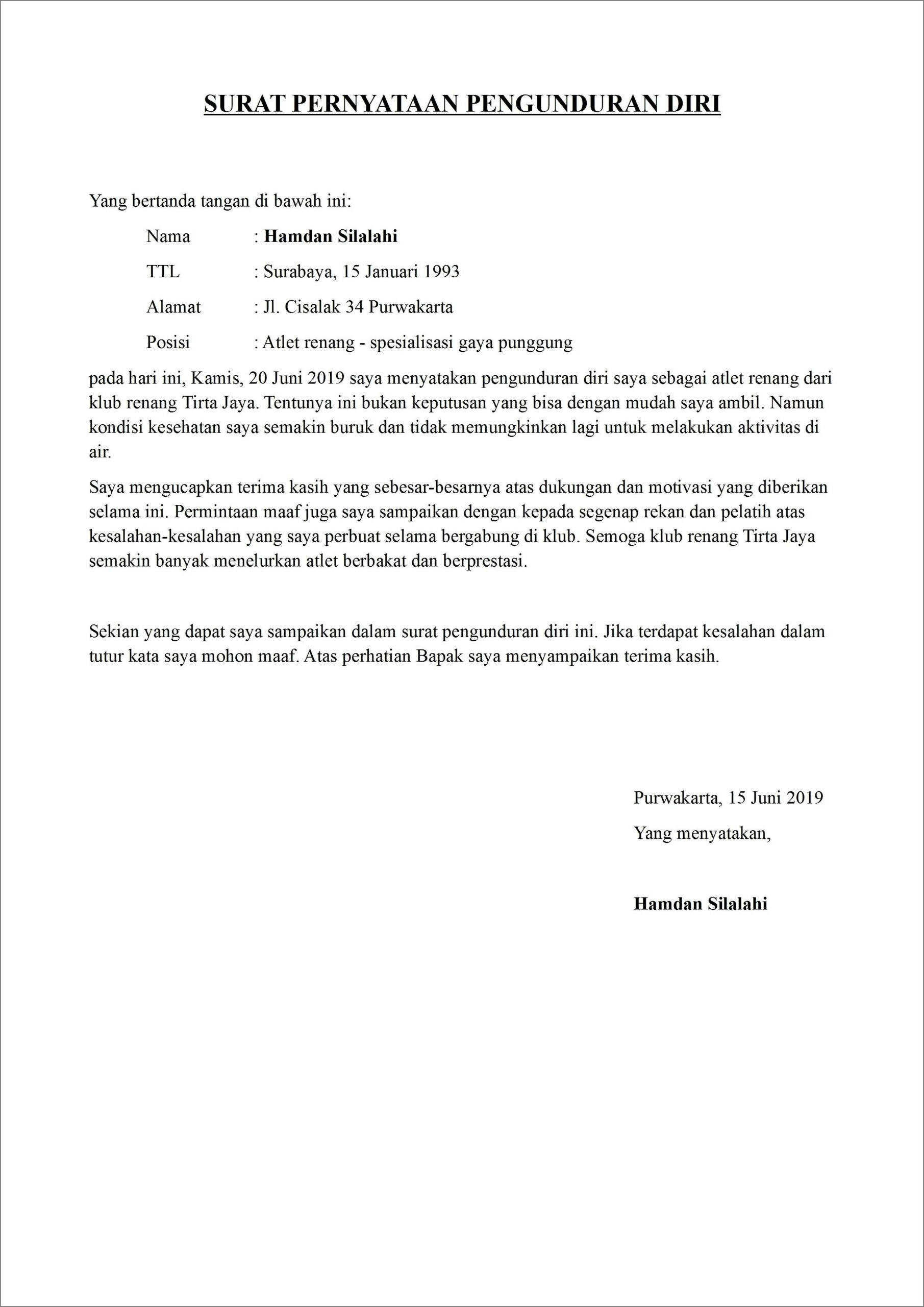 Contoh Surat Permohonan Pengunduran Diri Dari Pengurus Komite