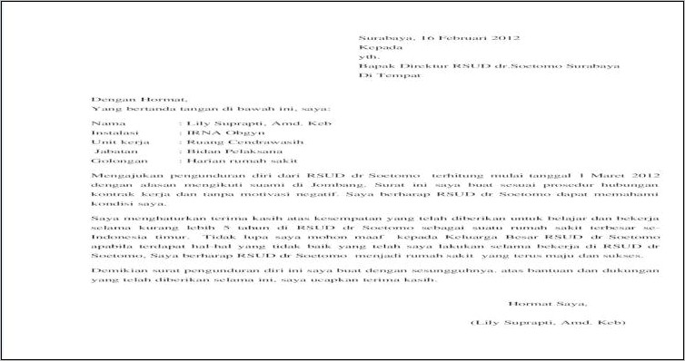 Contoh Surat Permohonan Pengunduran Diri Dari Pns