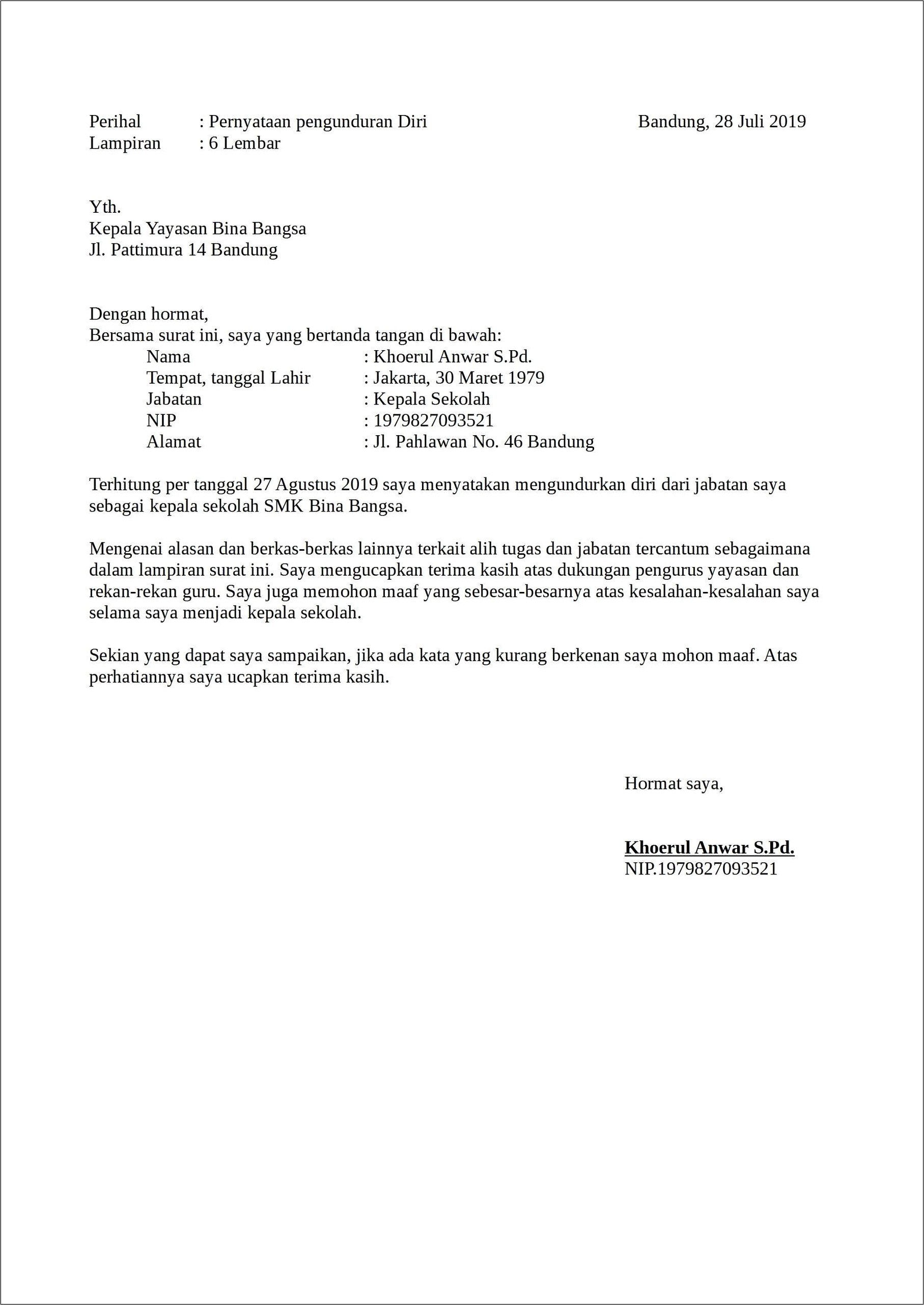 Contoh Surat Permohonan Pengunduran Diri Karyawan