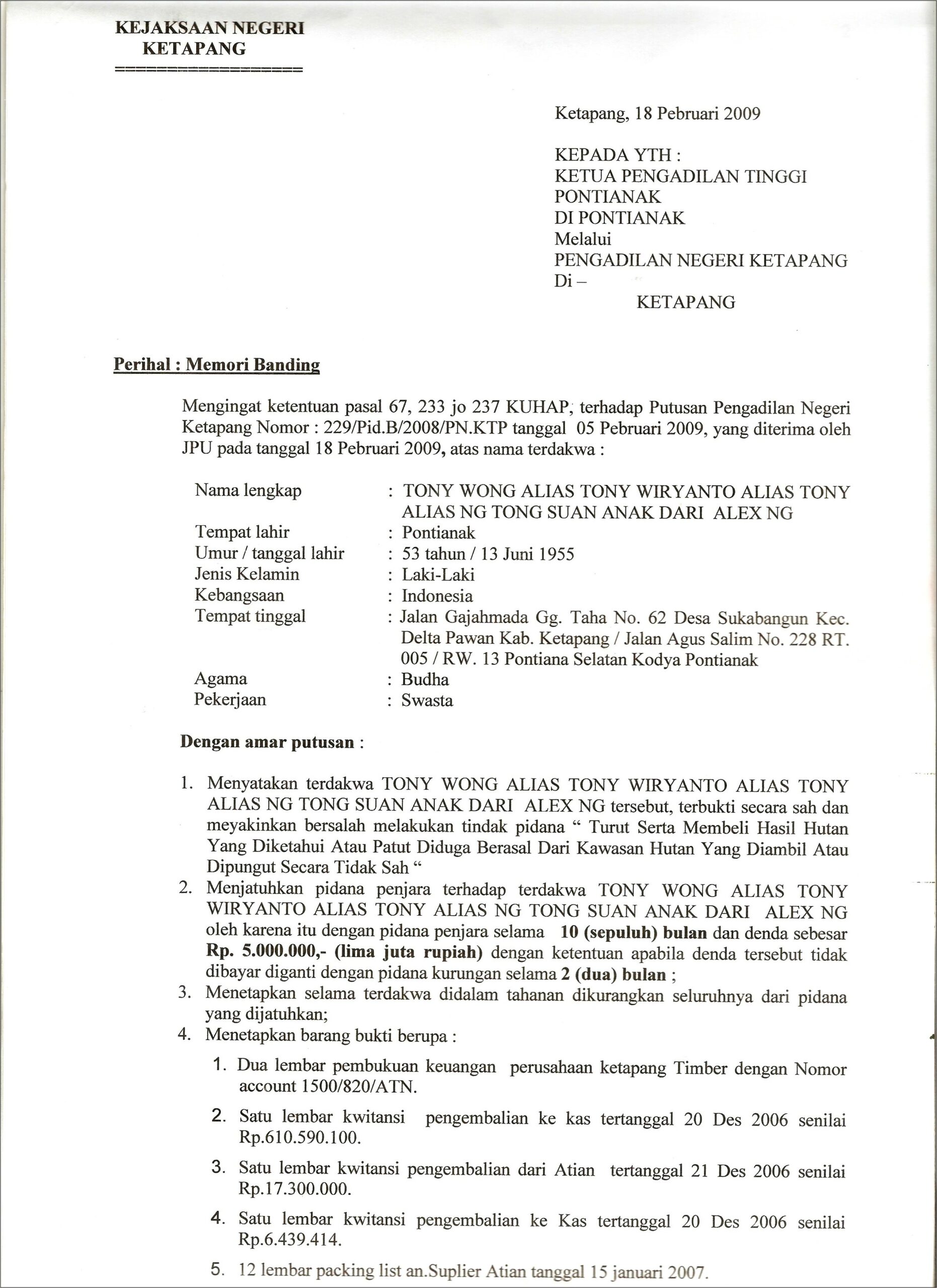 Contoh Surat Permohonan Peninjauan Kembali Jpu