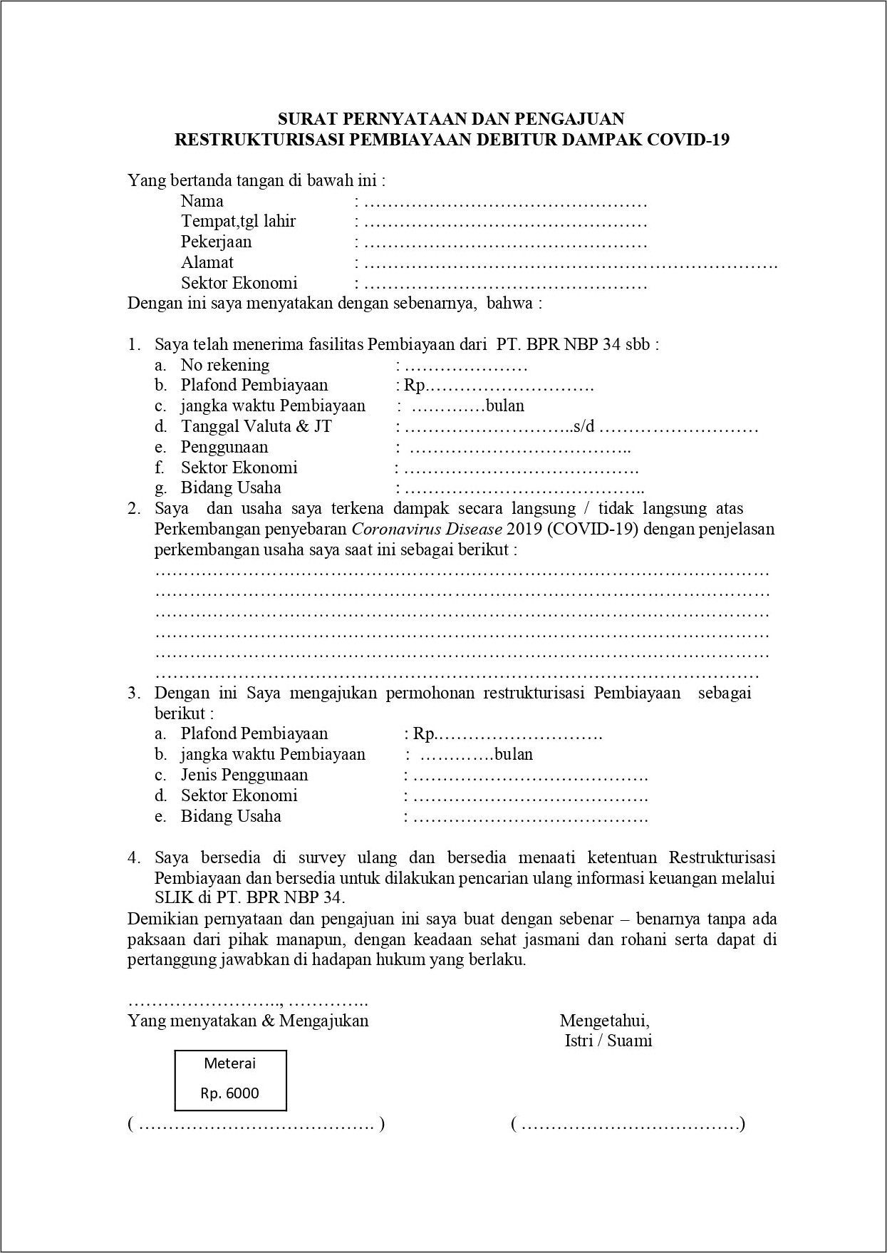 Contoh Surat Permohonan Penjadwalan Ulang Kredit