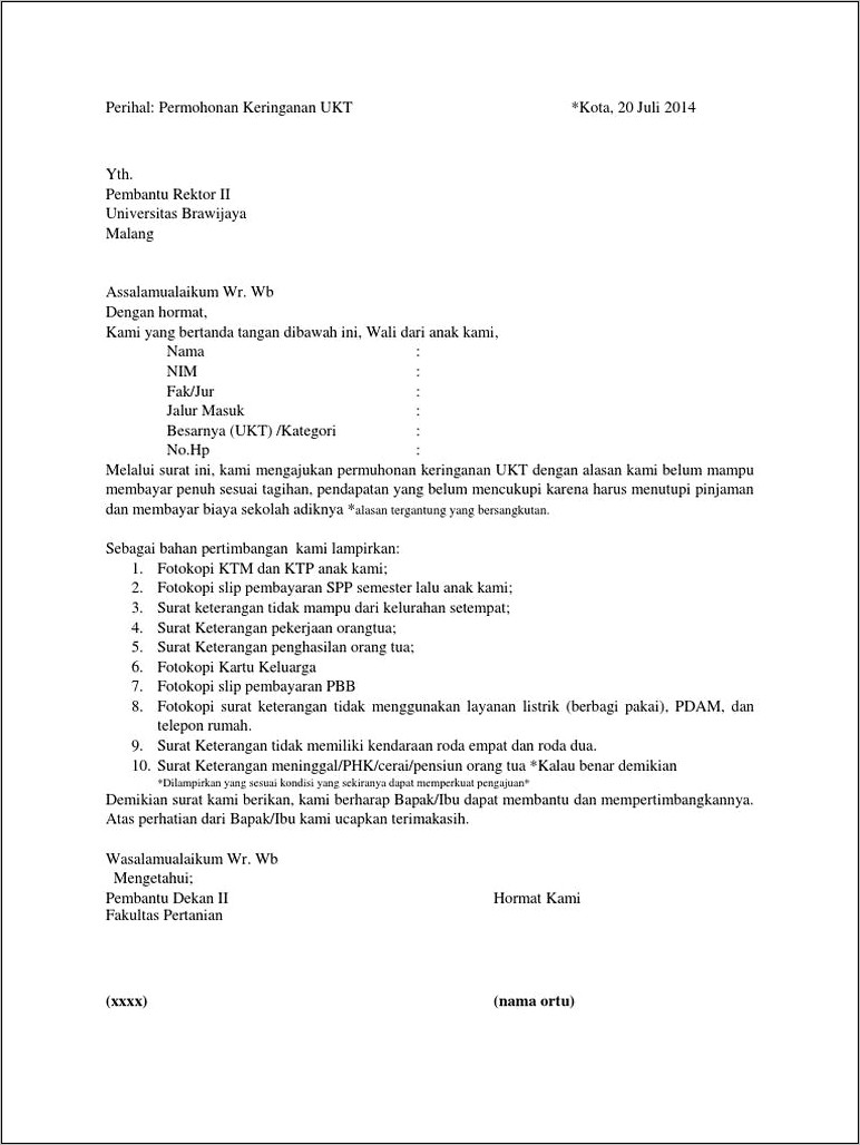 Contoh Surat Permohonan Penurunan Ukt Karena Orang Tua Meninggal