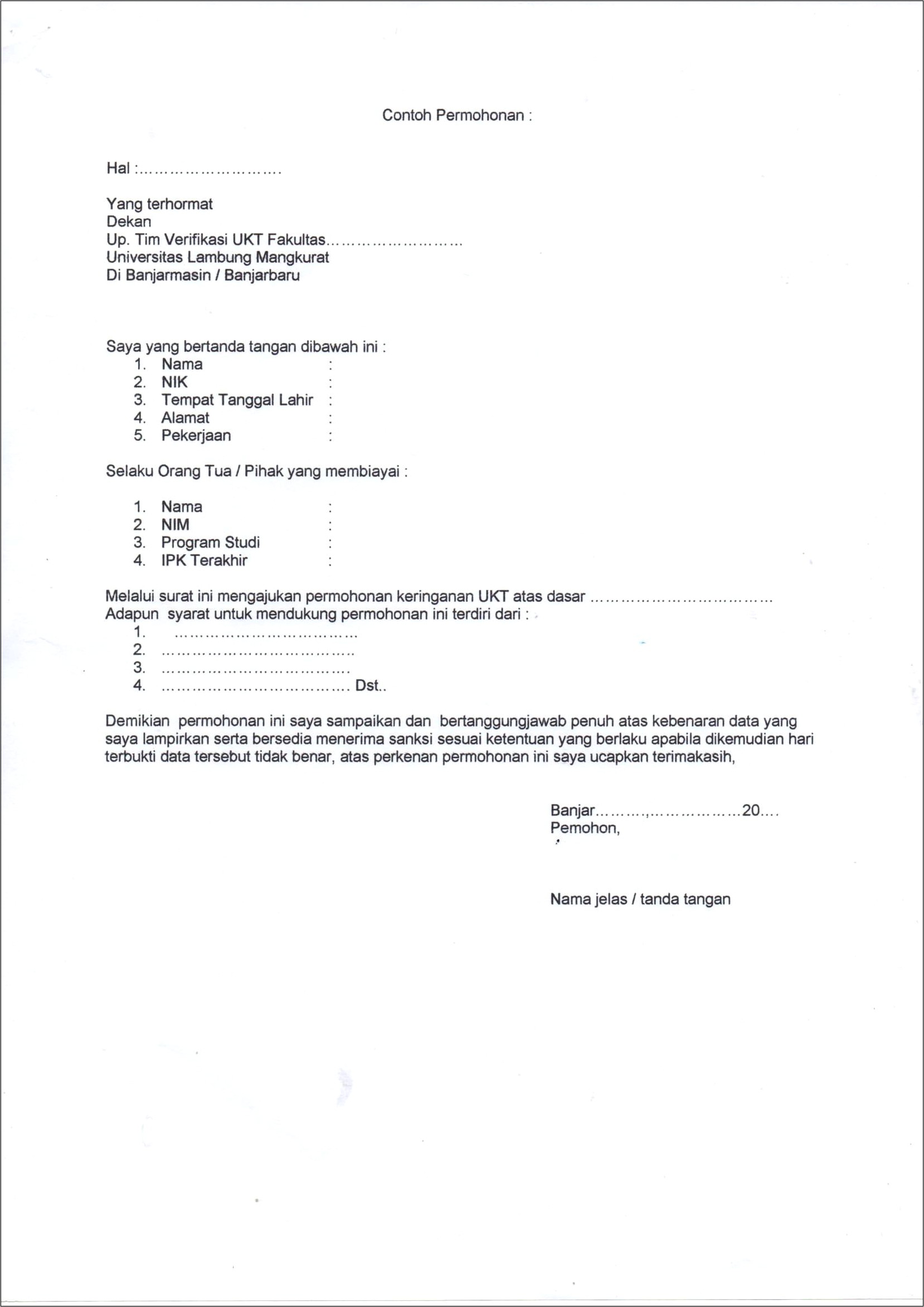 Contoh Surat Permohonan Penurunan Ukt Word