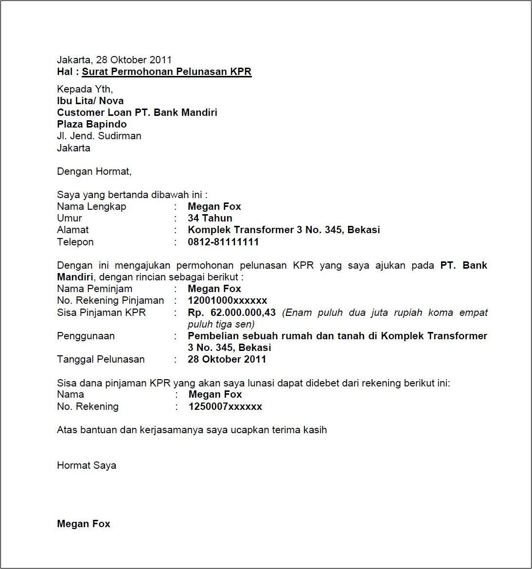 Contoh Surat Permohonan Penutupan Kartu Kredit Mega