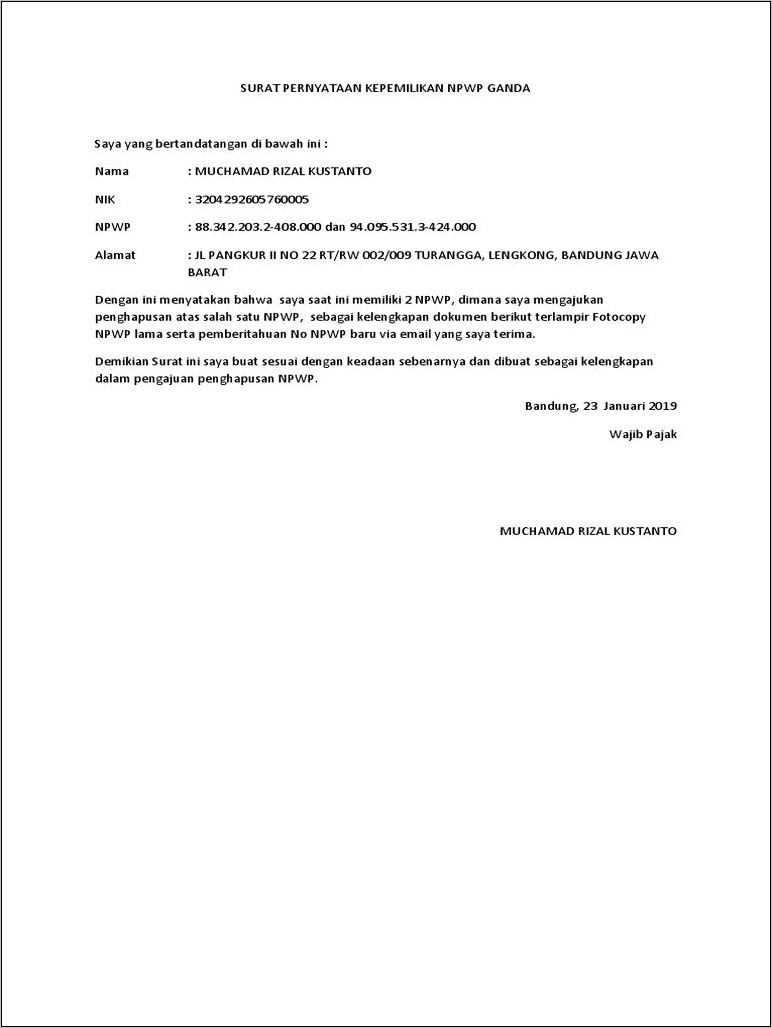 Contoh Surat Permohonan Penutupan Npwp