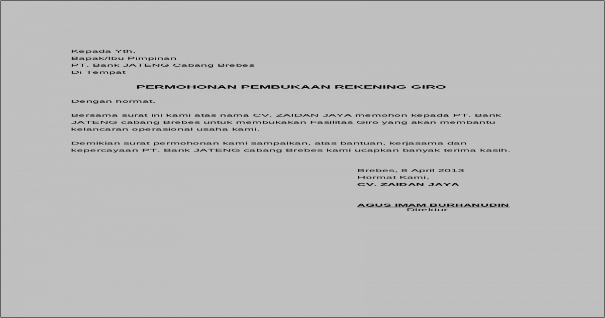 Contoh Surat Permohonan Penutupan Rekening Koran
