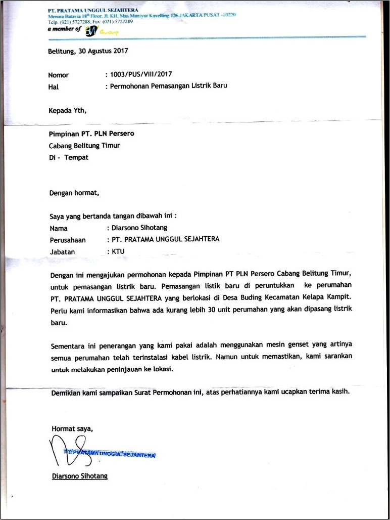 Contoh Surat Permohonan Penyambungan Speedy Doc