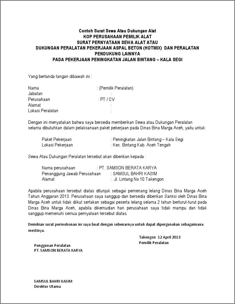Contoh Surat Permohonan Penyewaan Barang