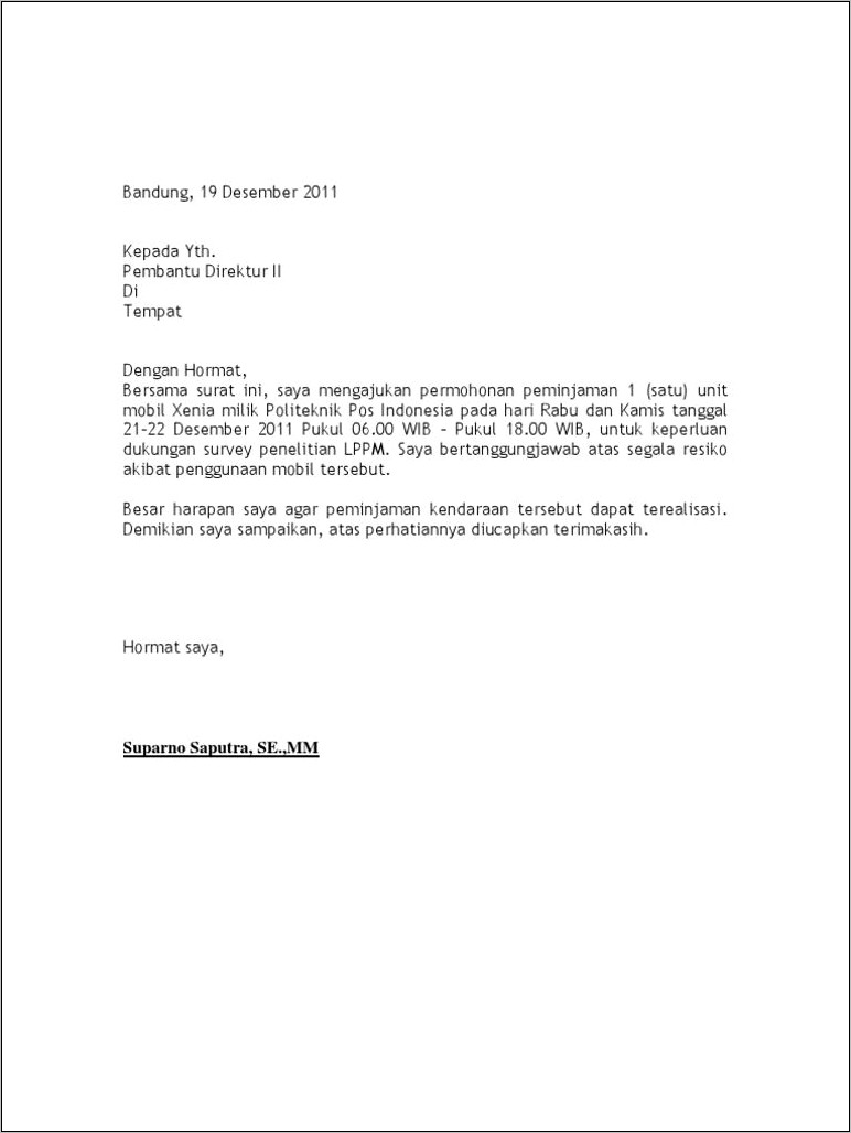 Contoh Surat Permohonan Penyewaan Mobil