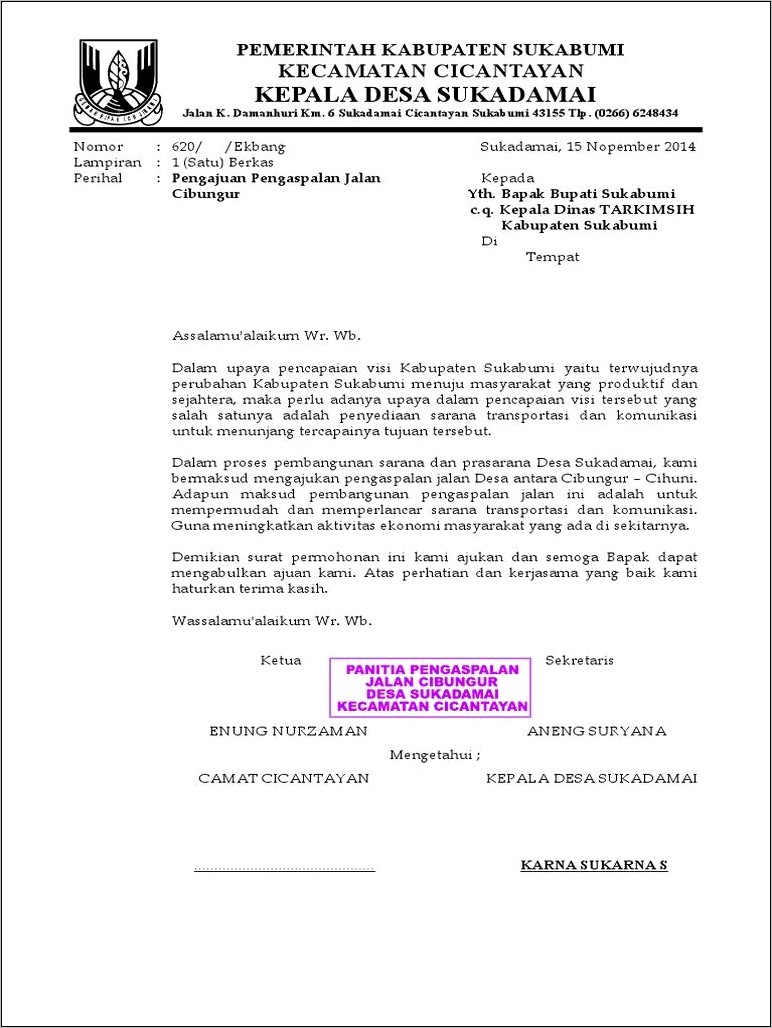 Contoh Surat Permohonan Perbaikan Jalan Ke Bupati