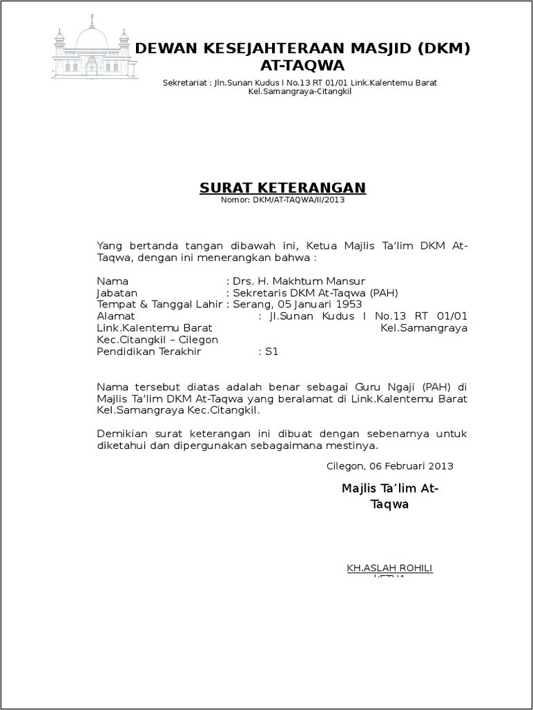 Contoh Surat Permohonan Pergantian Diri Guru Tpq