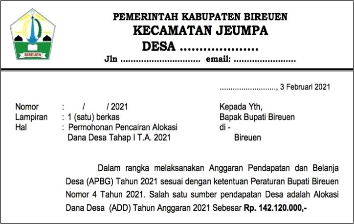 Contoh Surat Permohonan Pergeseran Anggaran Apbd