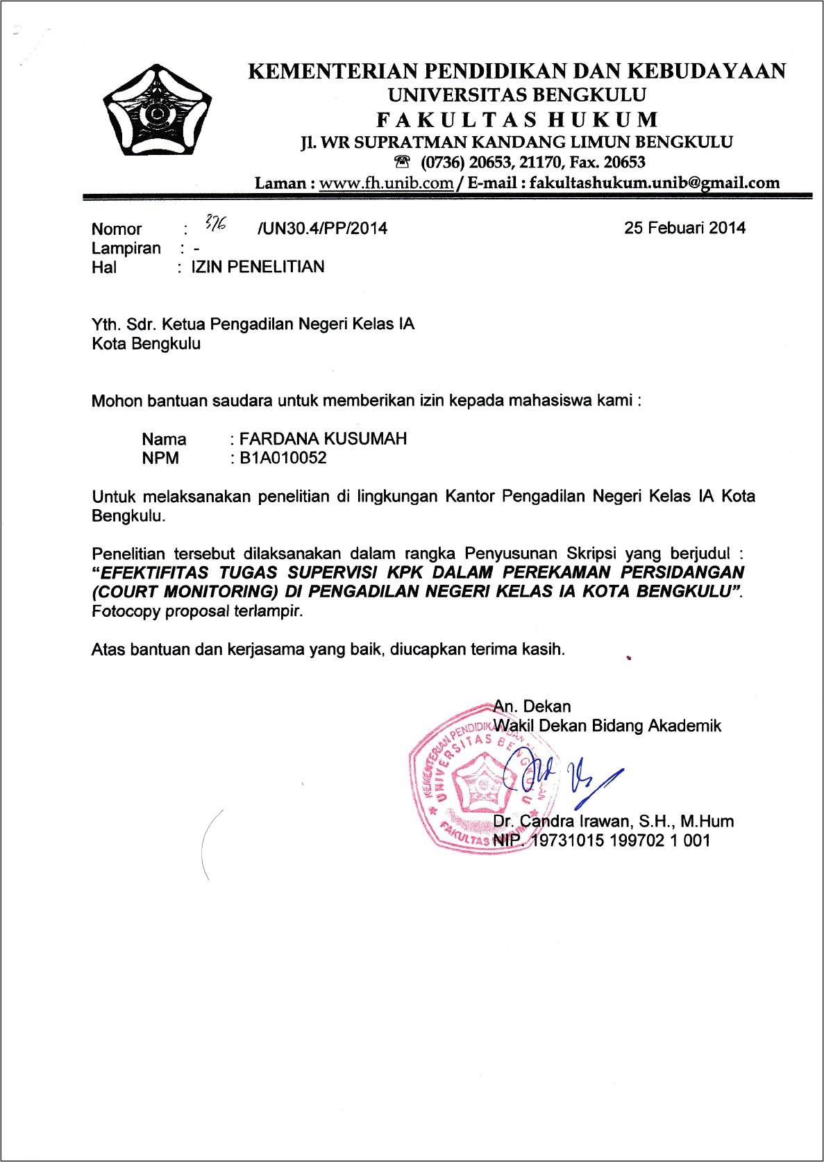 Contoh Surat Permohonan Perijinan Penelitian Yang Baik