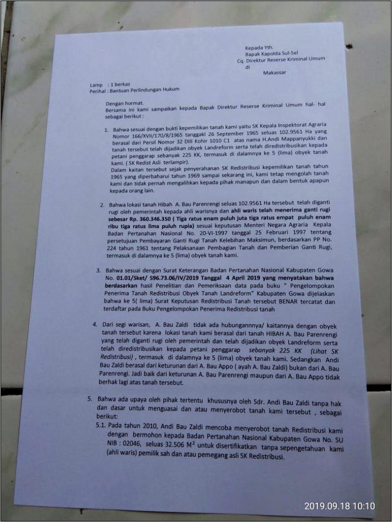 Contoh Surat Permohonan Perlindungan Hukum Pemilik Tanah Kepada Walikota